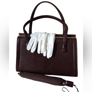 VINTAGE brown handbag with matching umbrella and umbrella compartment